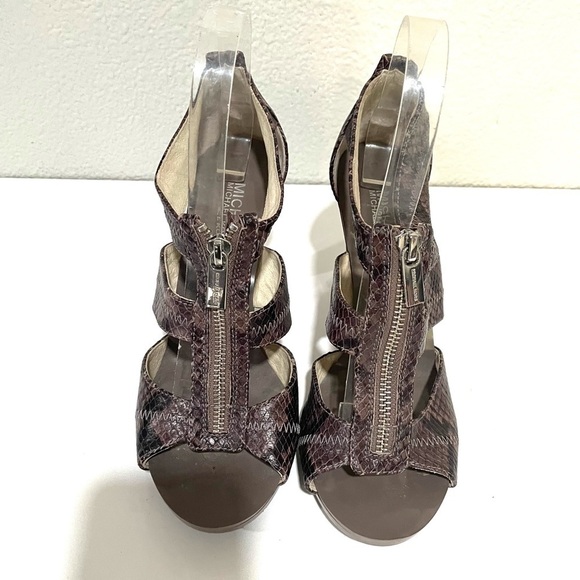 MICHAEL KORS Berkeley T strap brown snakeskin peep toe zip up heel sandal size 8 - Picture 2 of 12